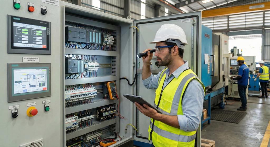 Manutenção Preventiva: O Guia Completo para Indústrias 1 Engenheiro realizando inspeção em painel de controle de máquina industrial