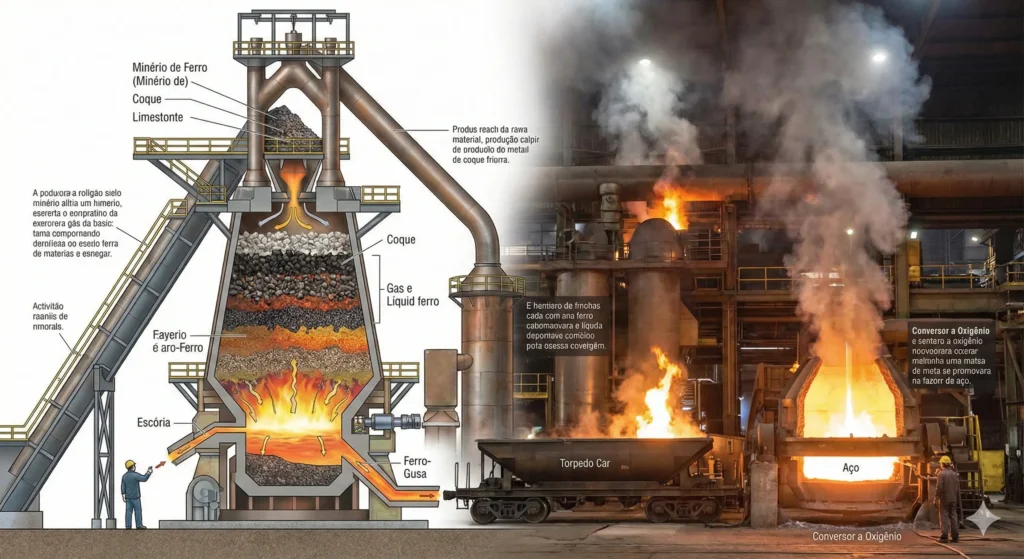Alto-forno mostrando como é feito o aço