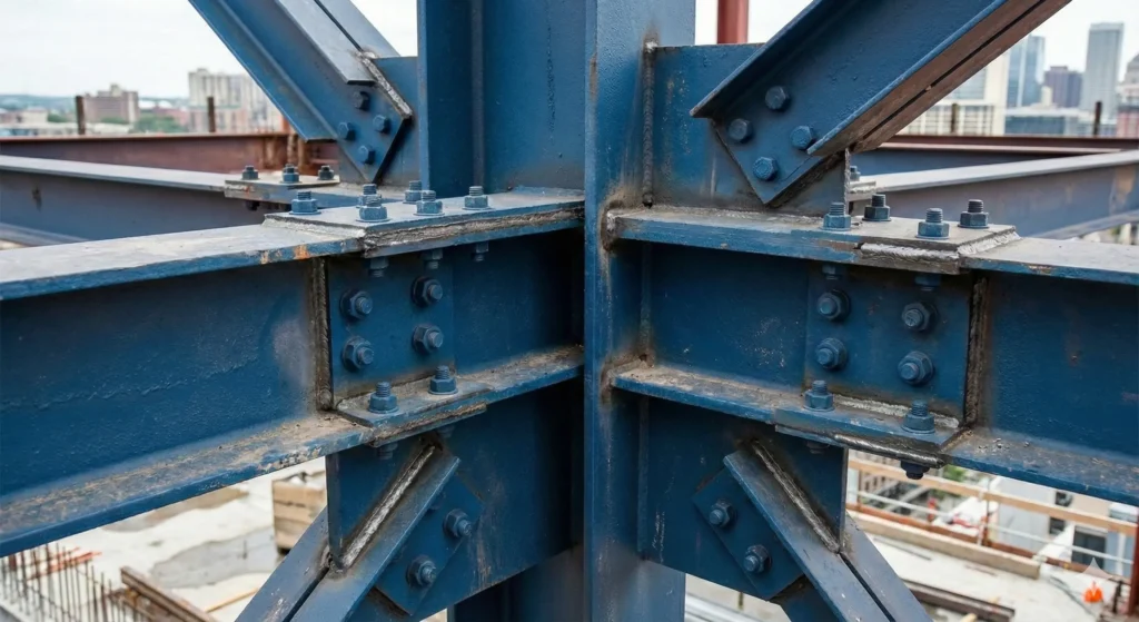 Aço Carbono Estrutural: O Guia Definitivo para Engenharia e Compras Industriais 3 Detalhe de conexão soldada e aparafusada em estrutura de aço carbono estrutural de edifício