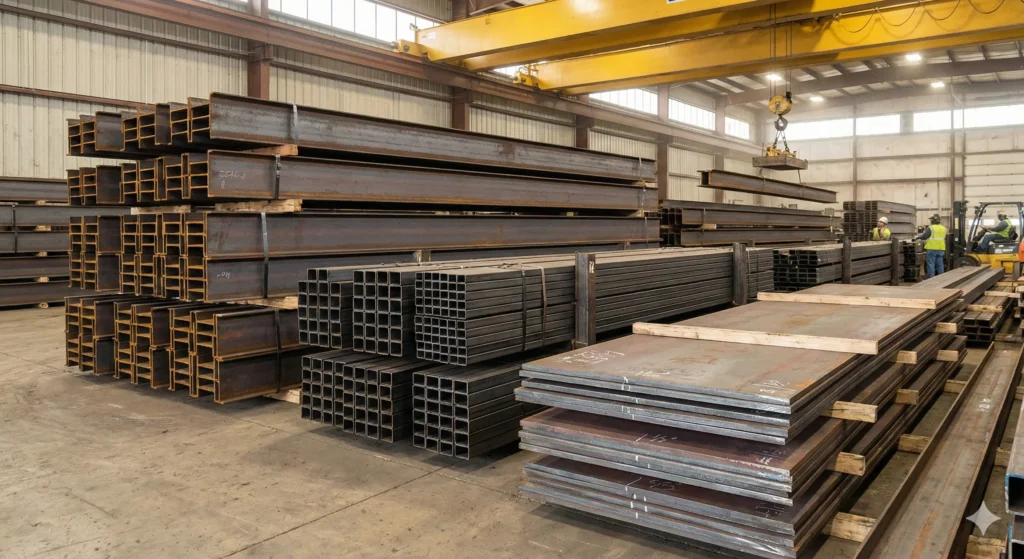 Aço Carbono Estrutural: O Guia Definitivo para Engenharia e Compras Industriais 2 Estoque industrial com diversos formatos de aço carbono estrutural: vigas, tubos e chapas
