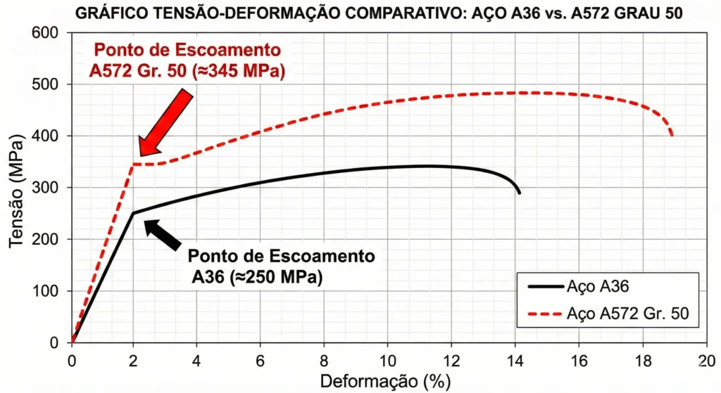 Aço Carbono Estrutural em Santa Catarina: Aplicações em Galpões, Máquinas e Estruturas Metálicas 2 Gráfico comparativo de propriedades mecânicas entre aço estrutural A36 e A572 Grau 50