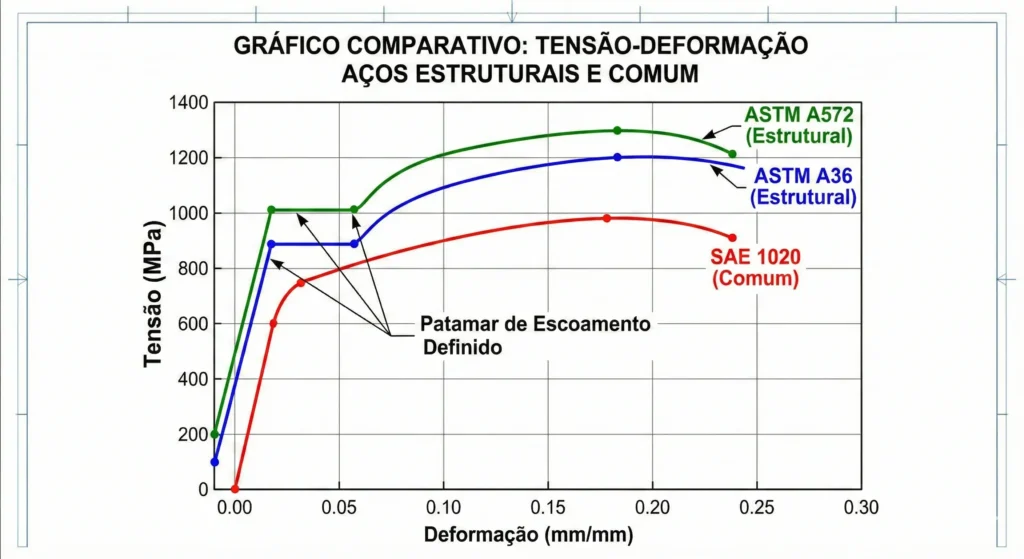 Aço Carbono Estrutural: O Guia Definitivo para Engenharia e Compras Industriais 1 Grafico tensao deformacao comparando aco carbono comum com aco carbono estrutural A36 e A572