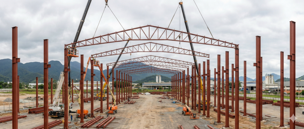 Aço Carbono Estrutural em Santa Catarina: Aplicações em Galpões, Máquinas e Estruturas Metálicas 1 Montagem de galpao industrial utilizando aco carbono estrutural em Santa Catarina