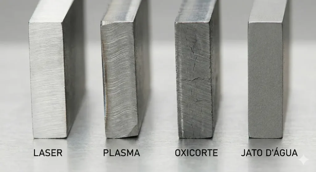 Corte e Dobra de Chapas em SC: Precisão e Eficiência para a Indústria Metal-Mecânica 2 Comparativo técnico de qualidade de borda de corte em aço Laser vs Plasma vs Oxicorte vs Jato d-agua.