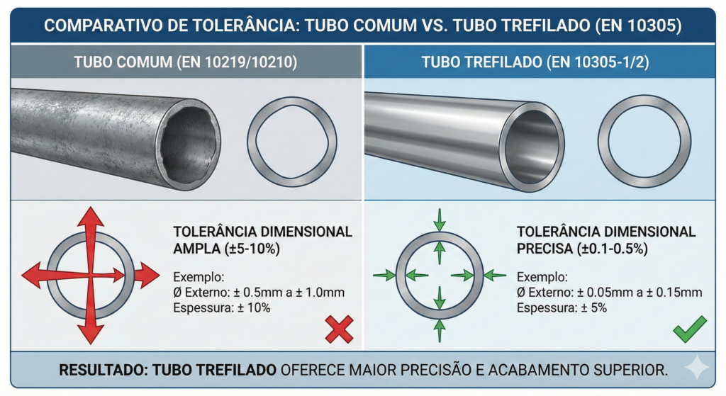 Tubo Mecânico Trefilado: A Escolha Definitiva para Projetos de Alta Precisão 2 Tabela simplificada ou infográfico mostrando a comparação de tolerância entre um tubo comum e um tubo trefilado conforme EN 10305