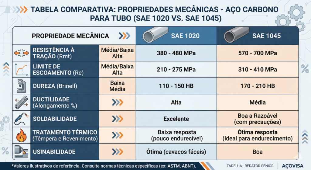Aço Carbono para Tubo: O Guia Definitivo de Especificações e Aplicações Industriais 2 Tabela comparativa entre SAE 1020 e SAE 1045