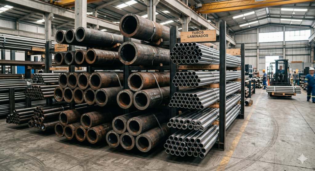 Aços para Tubos: Guia Técnico de Ligas, Normas e Aplicações 2026 1 Variedade de tubos mecanicos empilhados em estoque industrial