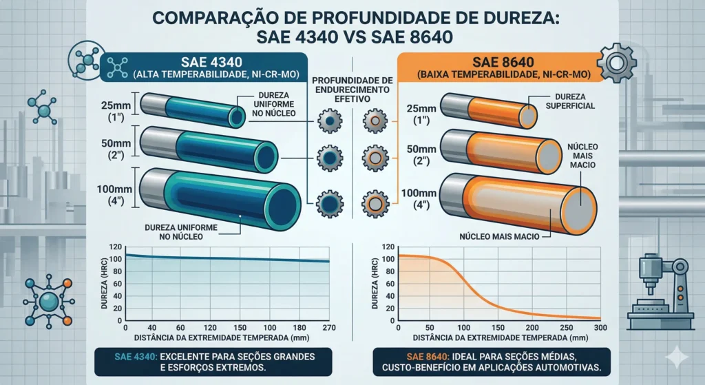Diferenças entre SAE 8640 e SAE 4340: Qual Escolher para sua Aplicação? 1 Diagrama de temperabilidade comparativo SAE 8640 e SAE 4340