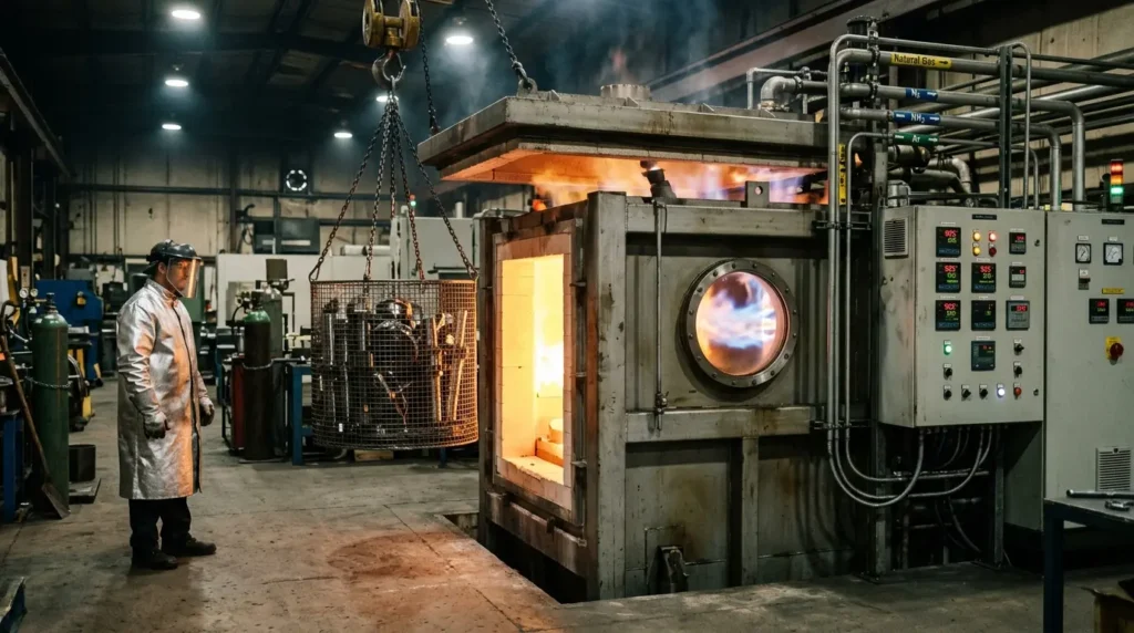 Aço Cementado: Guia Completo para Engenheiros e Compradores Industriais em 2026 1 Forno de cementação gasosa em operação, ilustrando o processo de tratamento térmico de aço cementado.